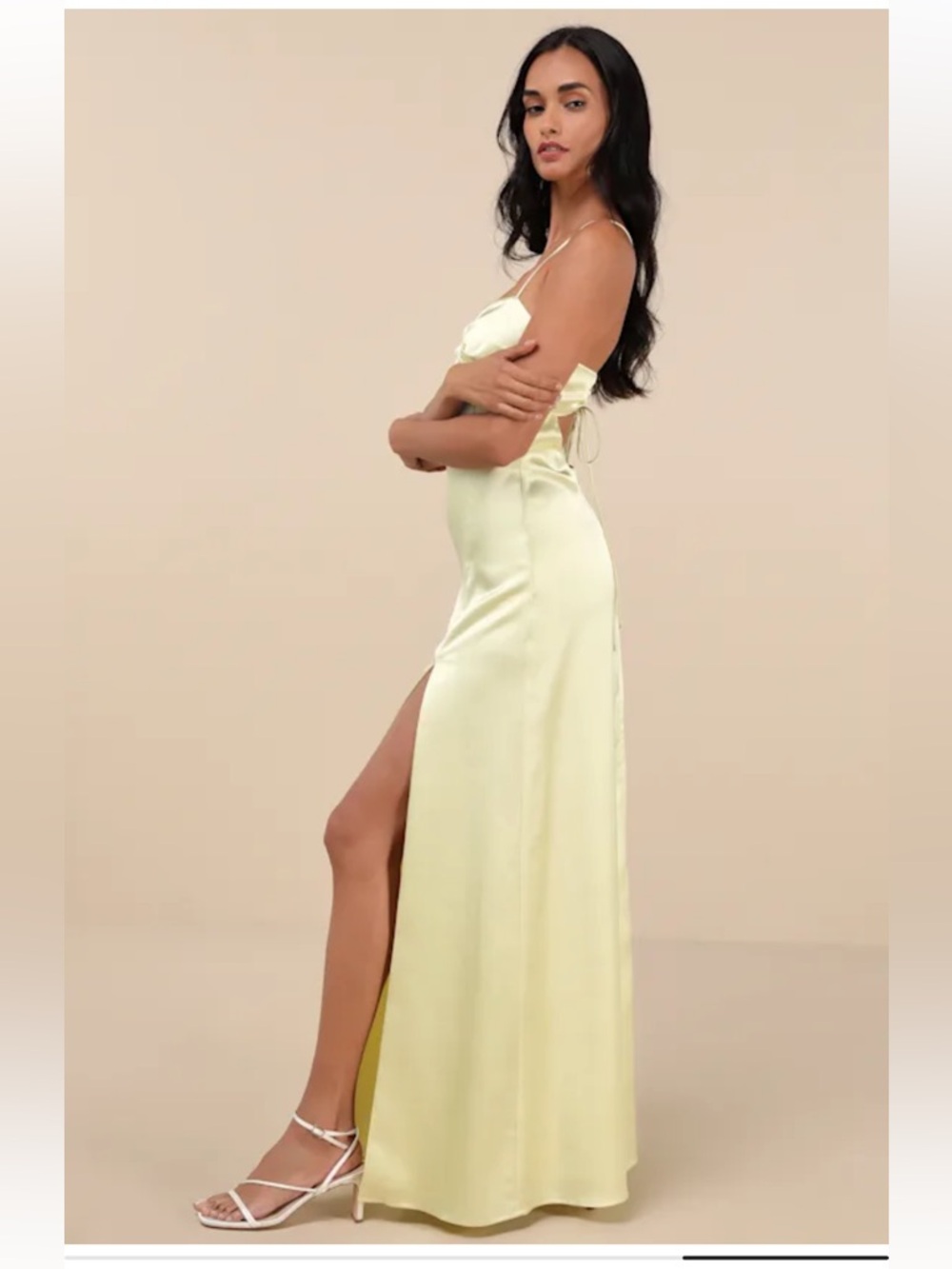 NWT Lulus Stunning Example Light Yellow Satin Backless Maxi Dress - Picture 4 of 8